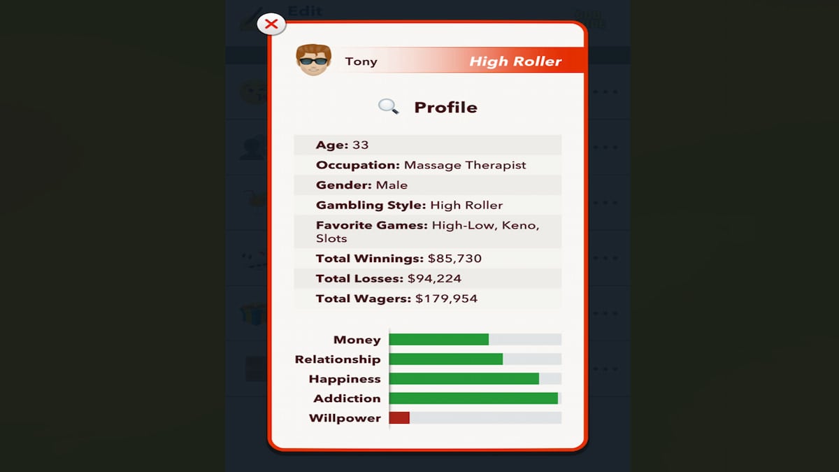 A gambler Profile in BitLife