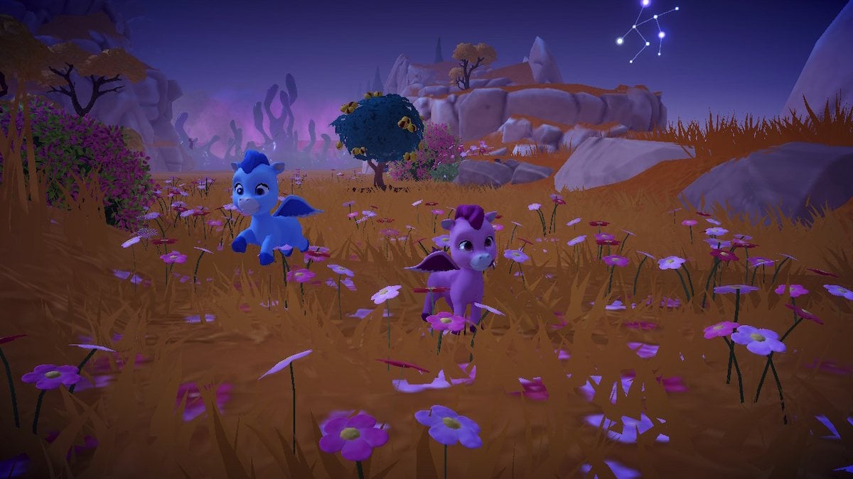 The pink and blue pegasus critters in Disney Dreamlight Valley: The Storybook Vale.