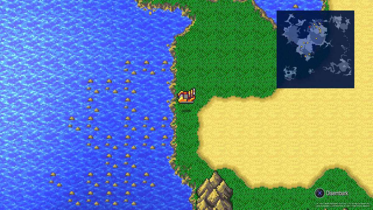 Edward's Hovercraft is floating above the coast, about to enter the ocean path to Kaipo in Final Fantasy IV.