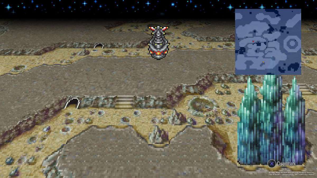 The Lunar Whale flies over the Moon's surface in Final Fantasy IV.