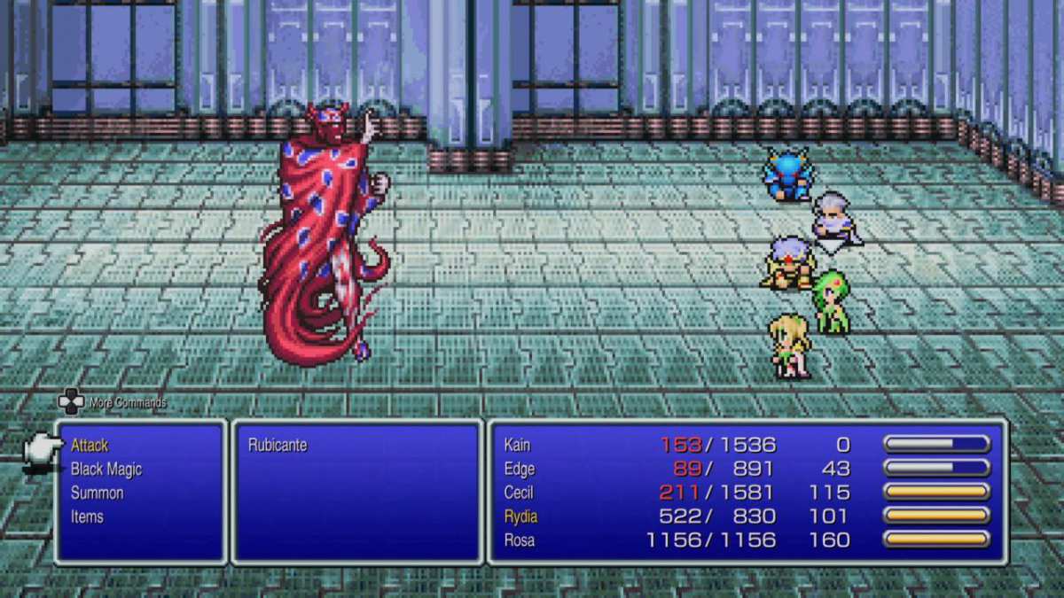 Kain, Edge, Cecil, Rydia, and Rosa battle against Rubicante in his open stance in Final Fantasy IV.